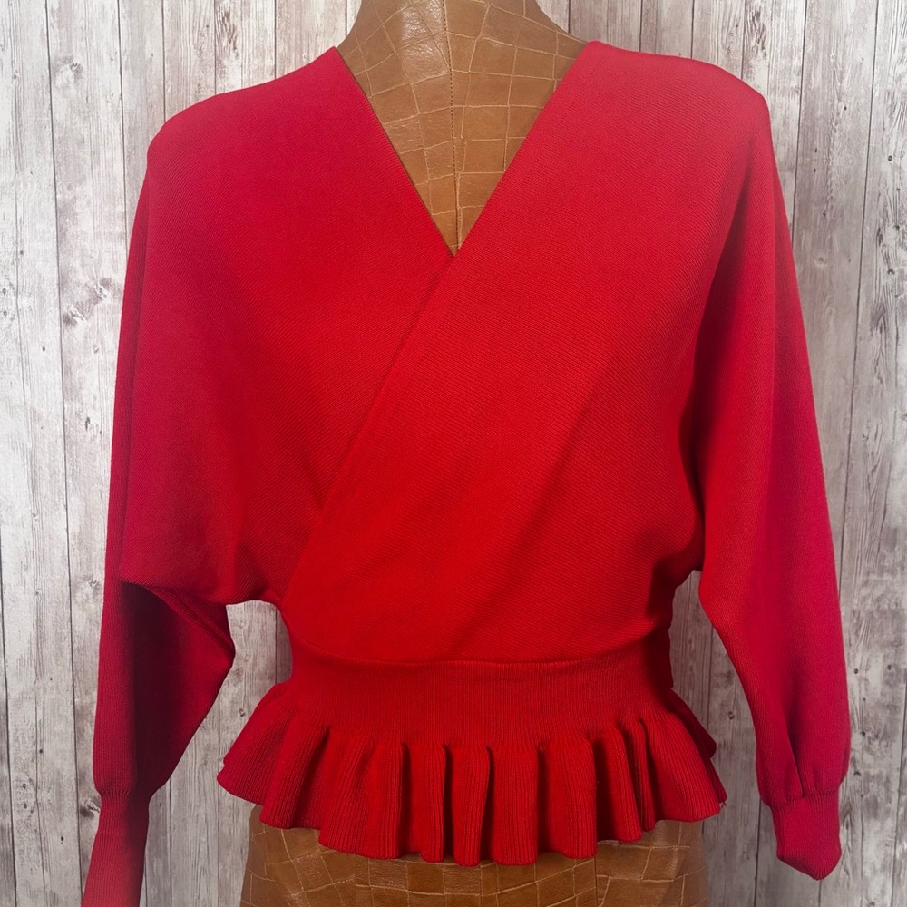 Petal & Pup Red Faux Wrap V-Neck Peplum Sweater Size Small/Medium